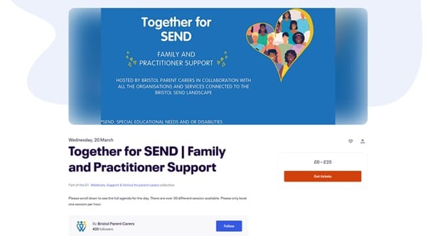 Image of website showing the together for SEND Event booking page