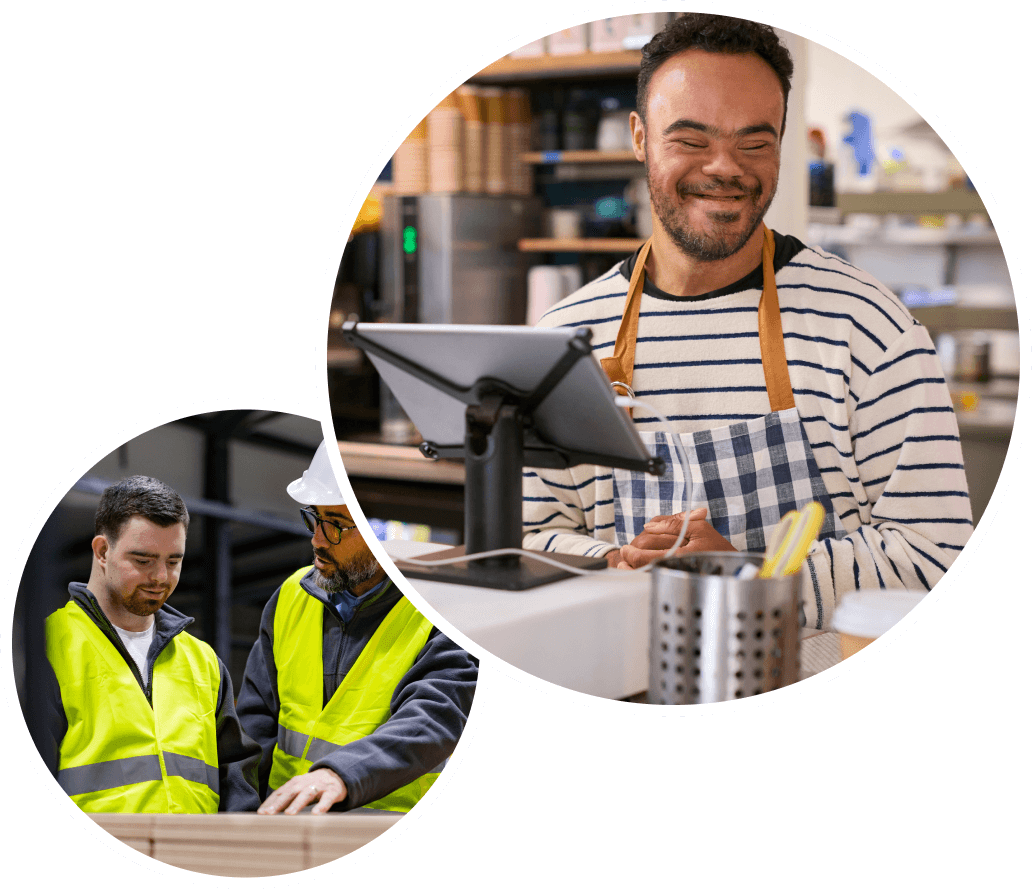 Two photographs, a man learning on the job at a construction site, and a man in a apron working in a cafe at the till.